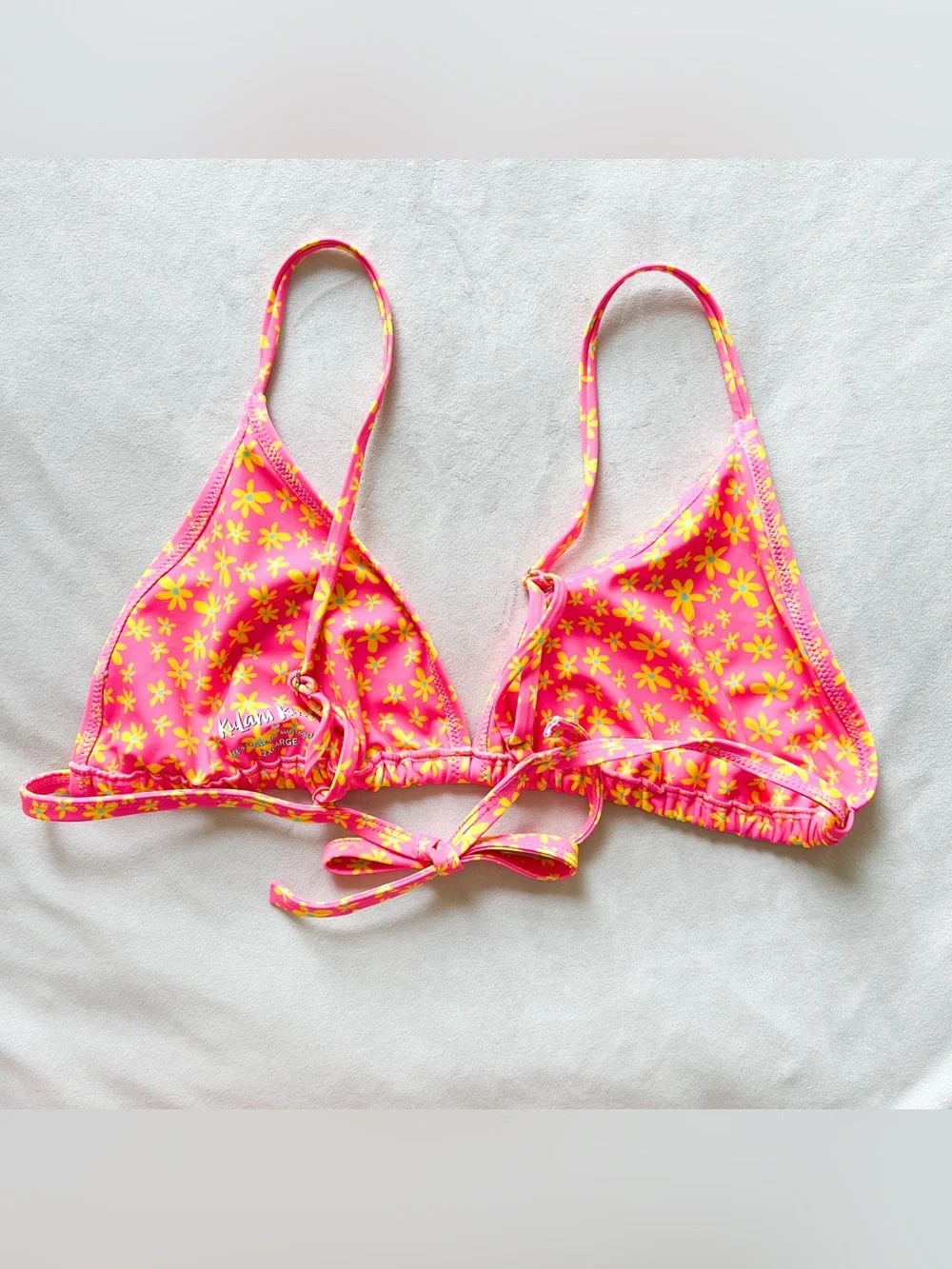 Kulani Kinis Pink Triangle Bikini Top with Yellow Floral Print - 2XL